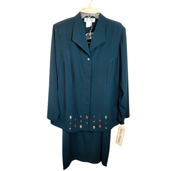 NWT Nancy Michaels Embroidered Green 2-Piece Career Work Shirt & Skirt Size 14.5 - Picture 1 of 16